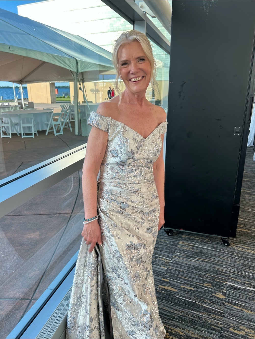 Rina diMontella Silver Metallic Off-Shoulder Wedding Dress mother of the bride - Picture 8 of 11